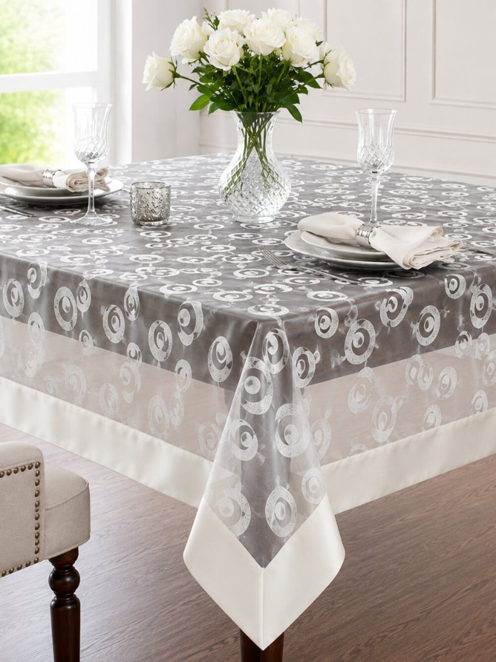 Vanilla Sheer Embroidered Circle Swirls size 72 inch square tablecloth wedding